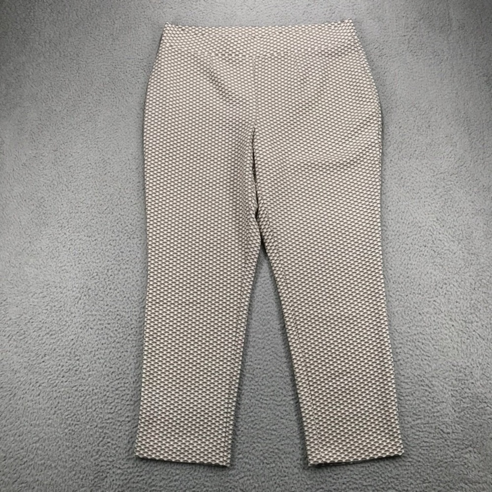 CHICOS Easywear Pants Size L/12 (2) Straight Leg Pull On Brown Fan Print